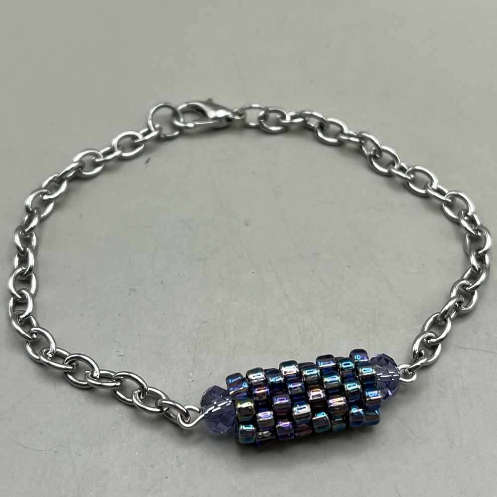 Elegant Handmade Silver Tone Chain Bracelet With Iridescent Blue/Purple Tube